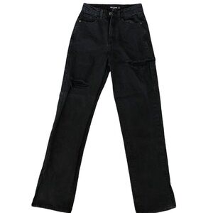 Prettylittlething Petite dark high-waisted distress jeans